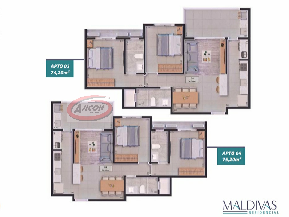 Aptos de 74m2 e 77m2 com 02 Dorm. Sendo 01 Suíte, no Itaguá