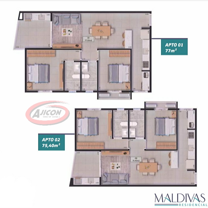 Aptos de 74m2 e 77m2 com 02 Dorm. Sendo 01 Suíte, no Itaguá